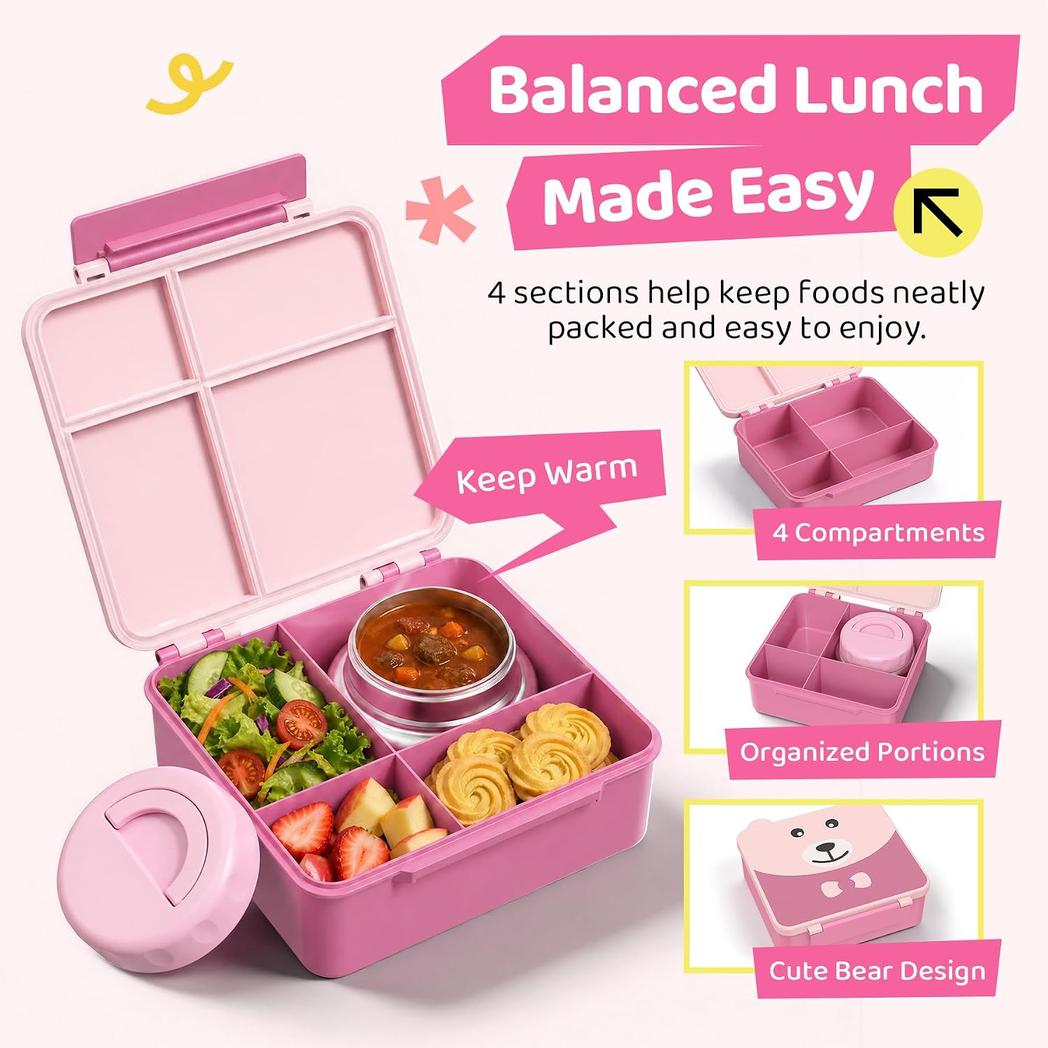 Kids Bento Lunch Box Leak-Proof 4-Compartment 8oz Soup Thermo（Pink） image 4