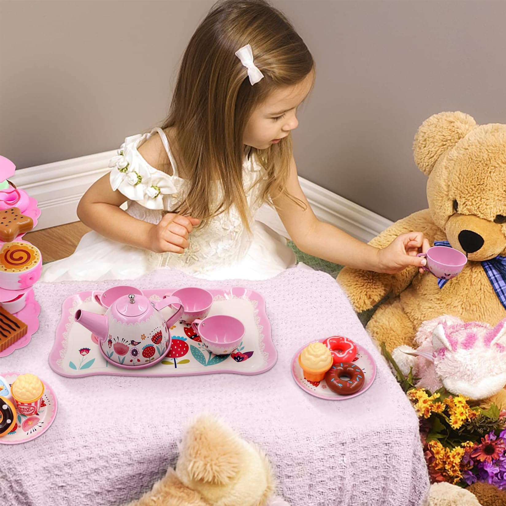 46 Pièces Service a The Enfant pour Enfants avec Accessoires De Cuisine Valise pour Desserts Tasses Assiettes Et Accessoires Service à Thé Complet pour Cadeau Jouets Filles 3 à 9 Ans