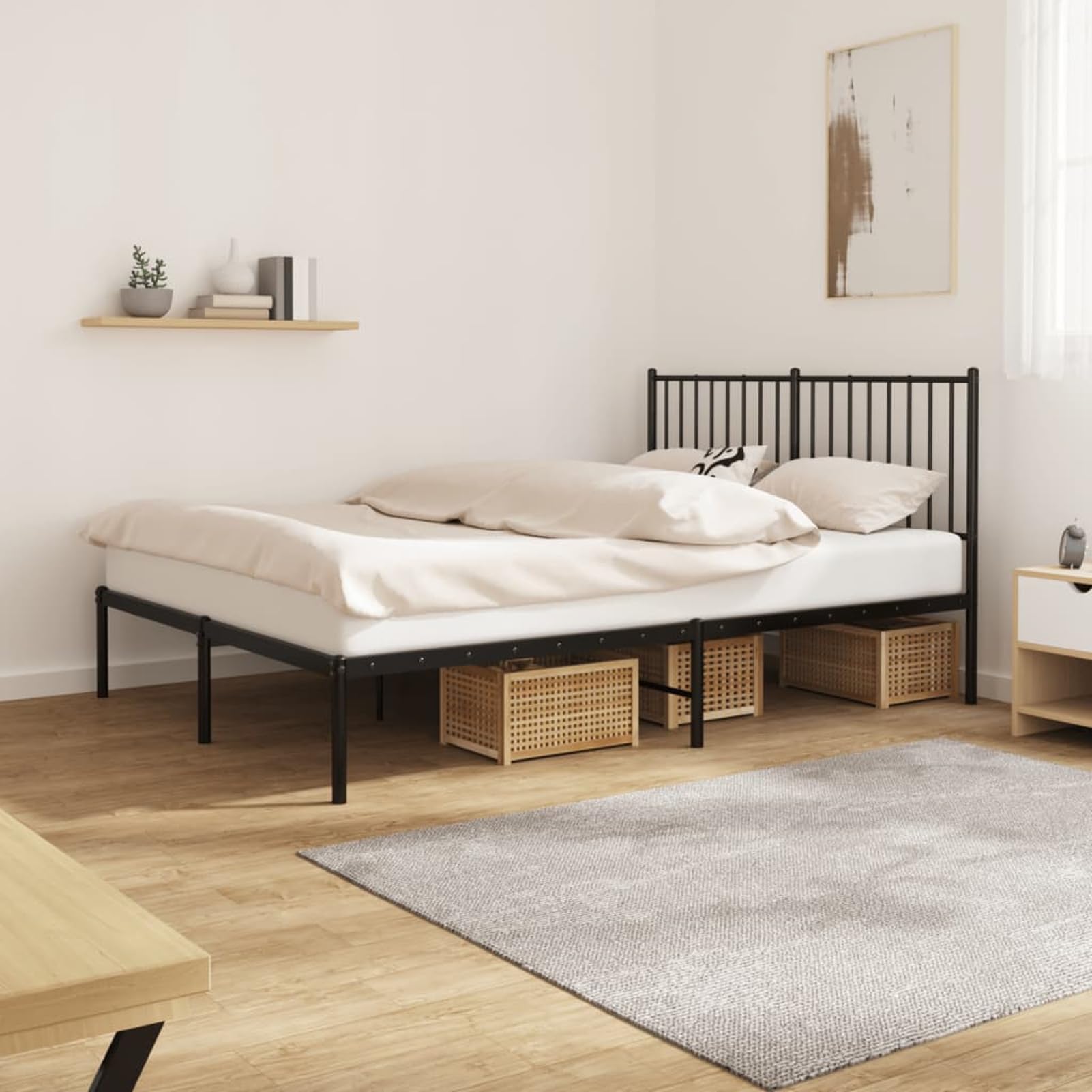 WGYHOME Rama łóżka z zagłówkiem 140 x 190 cm, czarna stal, wytrzymałe metalowe łóżko dla dorosłych, do sypialni