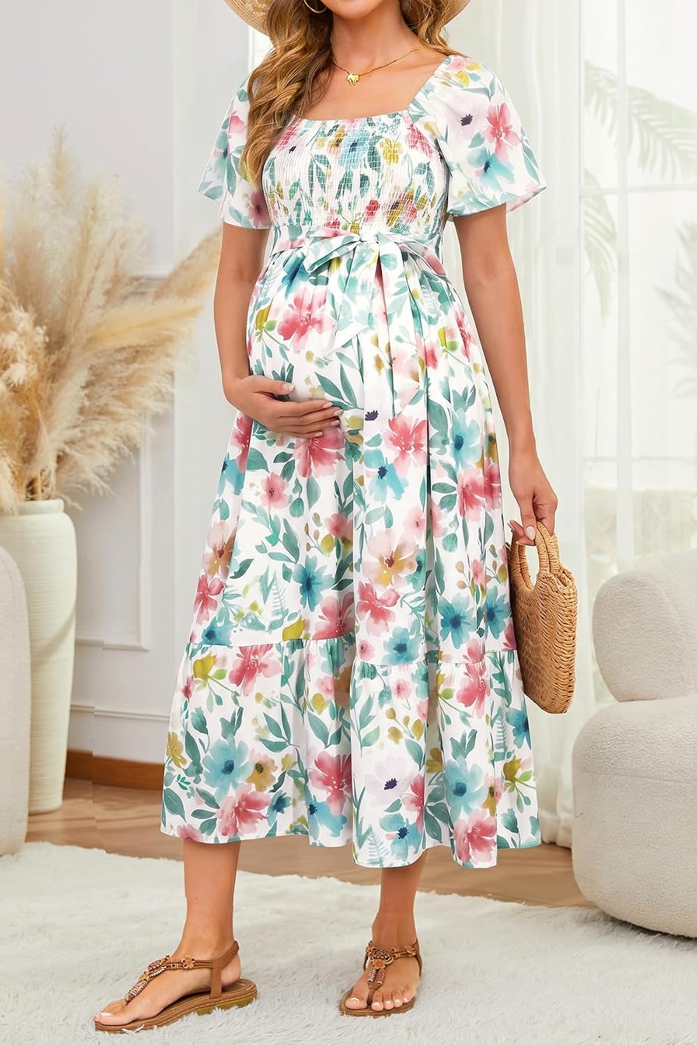 Talisea Maternity Dress for Baby Shower - Fall Spring Photoshoot Smocked Square Neck Pregnancy Wedding Guest Midi Dress