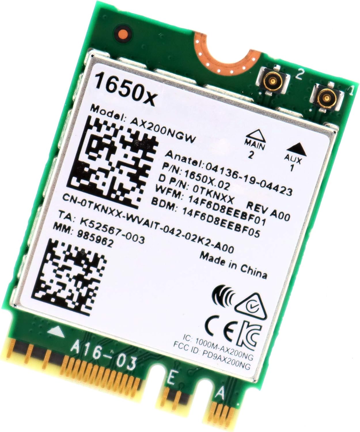 Deal4GO AX200NGW 1650X 802.11ax 2.4Gbps Wi-Fi 6 M.2 NGFF Wireless WiFi Adapter w/Bluetooth 5.1 for Dell Alienware 13 R2 R3 15 R2/R3/R4 17 R3/R4/R5 AX200 0TKNXX TKNXX