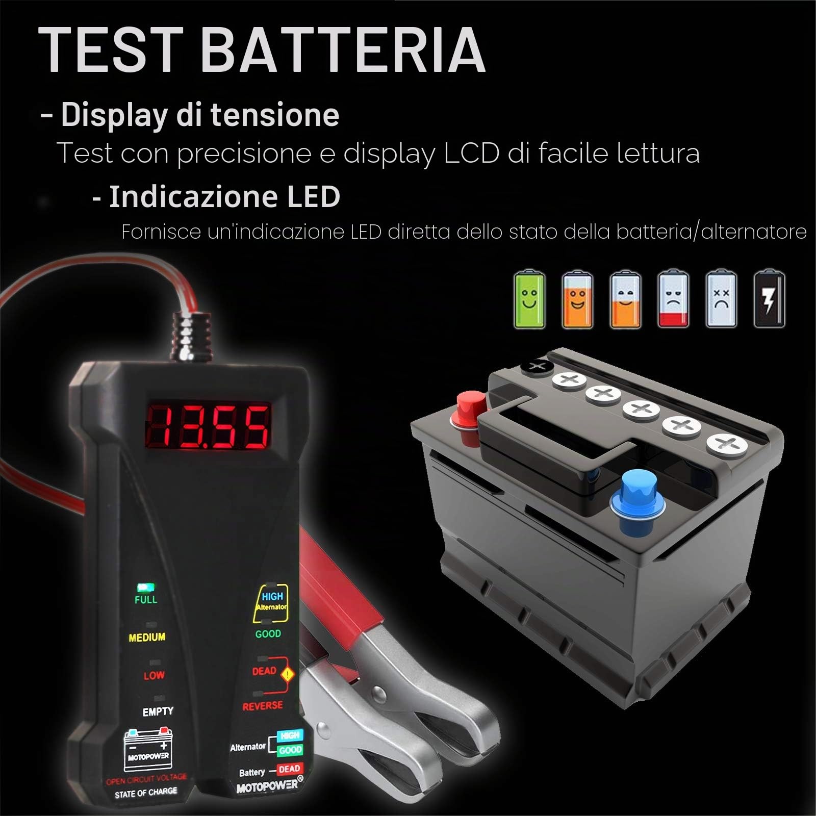 MOTOPOWER 12 V Tester digitale per batteria, analizzatore voltmetro, display LCD LED, Nero