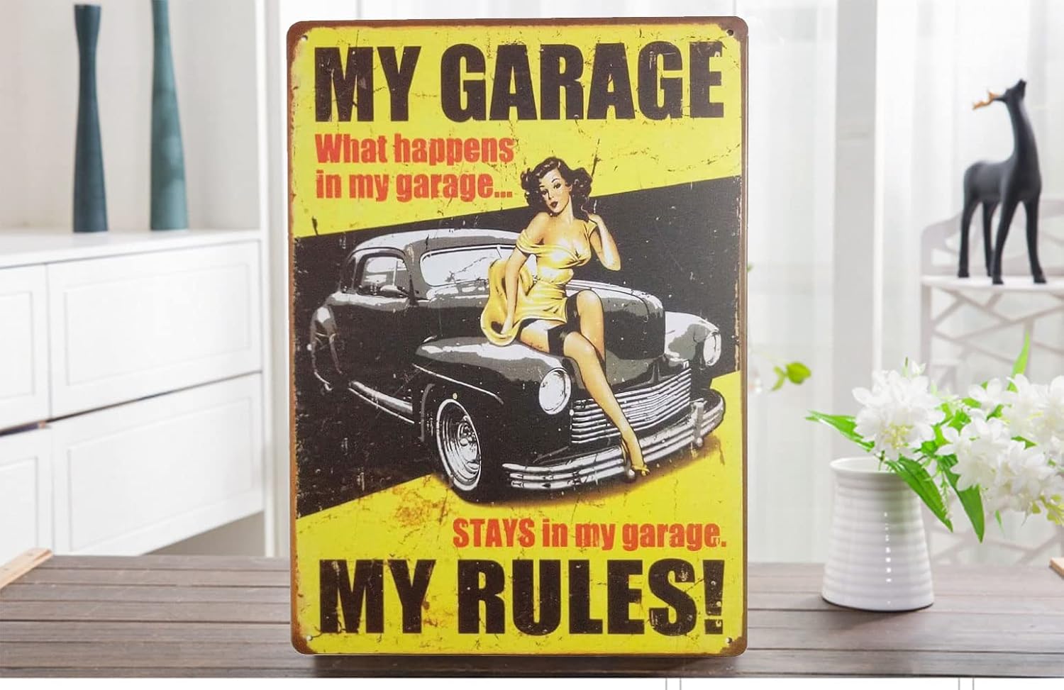 Hioni Metal Tin Sign My Garage My Rules What Happens Pin-up Girl Vintage Plaque Wall Decor - Image 4