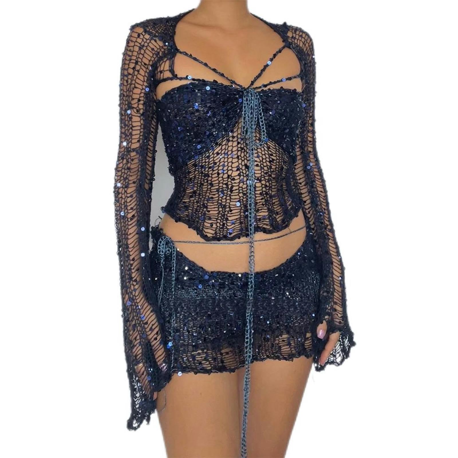 Vêtements européens et américains 2023 Nouveau Pull tricoté à Paillettes Costume Trois pièces-Rose-M