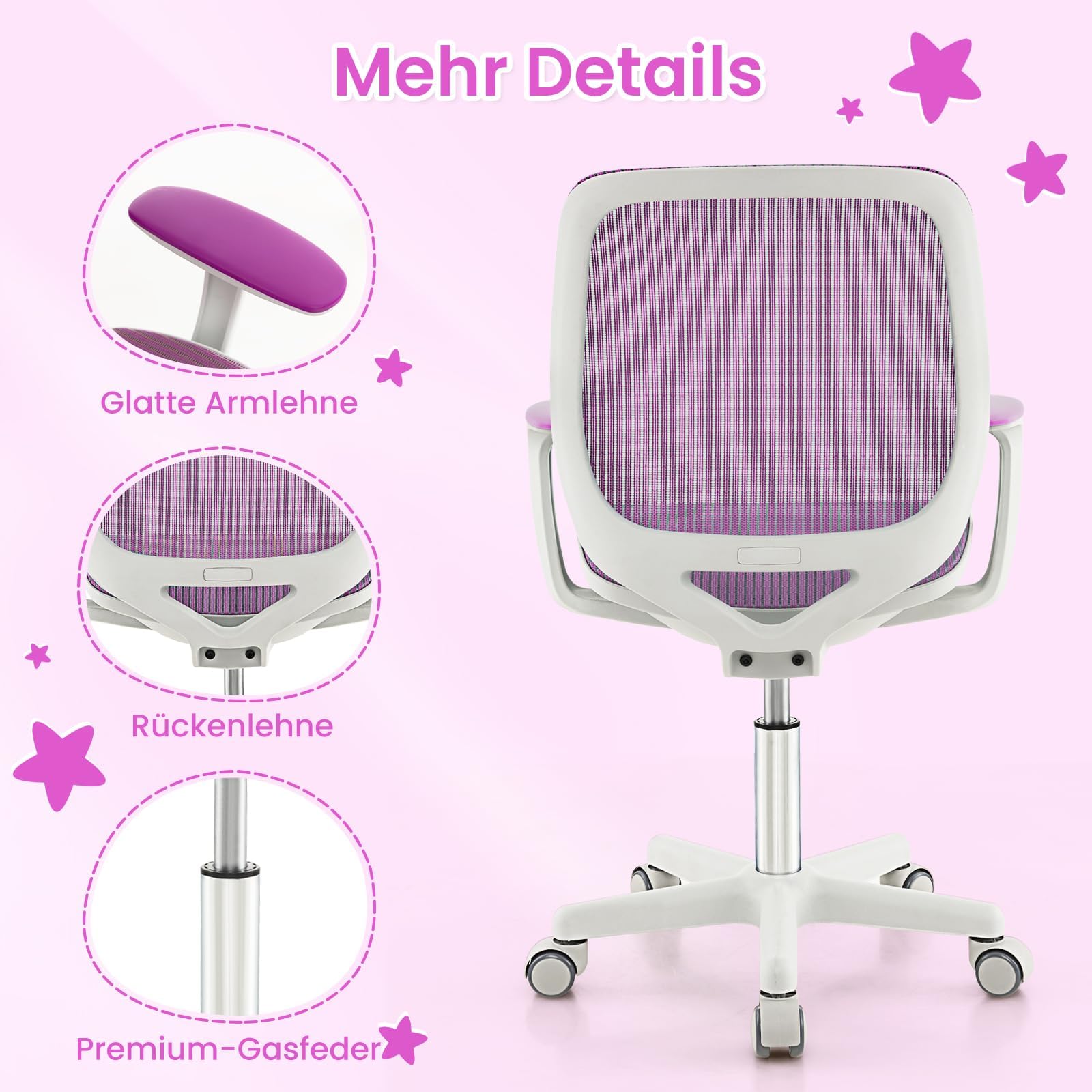 COSTWAY Kinder Schreibtischstuhl 360° drehbar, Sitzhöhe 43-55cm höhenverstellbar, Kinderdrehstuhl ergonomisch mit Rollen, Bürostuhl mit Rückenlehnen & Armlehnen für Kinder ab 6 Jahren (Lila)