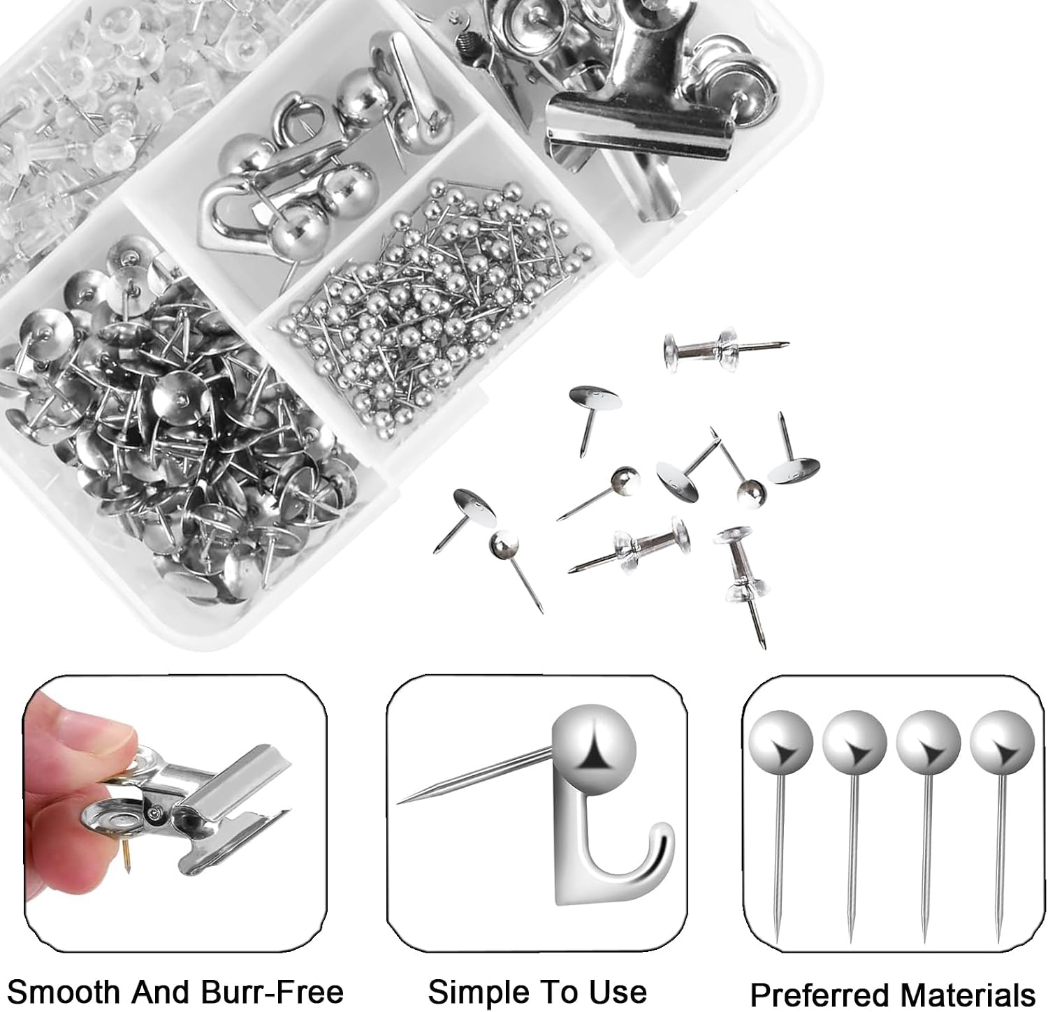 310 Pcs Push Pins Set, 5 Styles Thumb Tacks Flat Pushpin Clips Decorative Push Pins Tacks for Cork Board Bulletin Board Office Wall Accessories (Silver) image 3