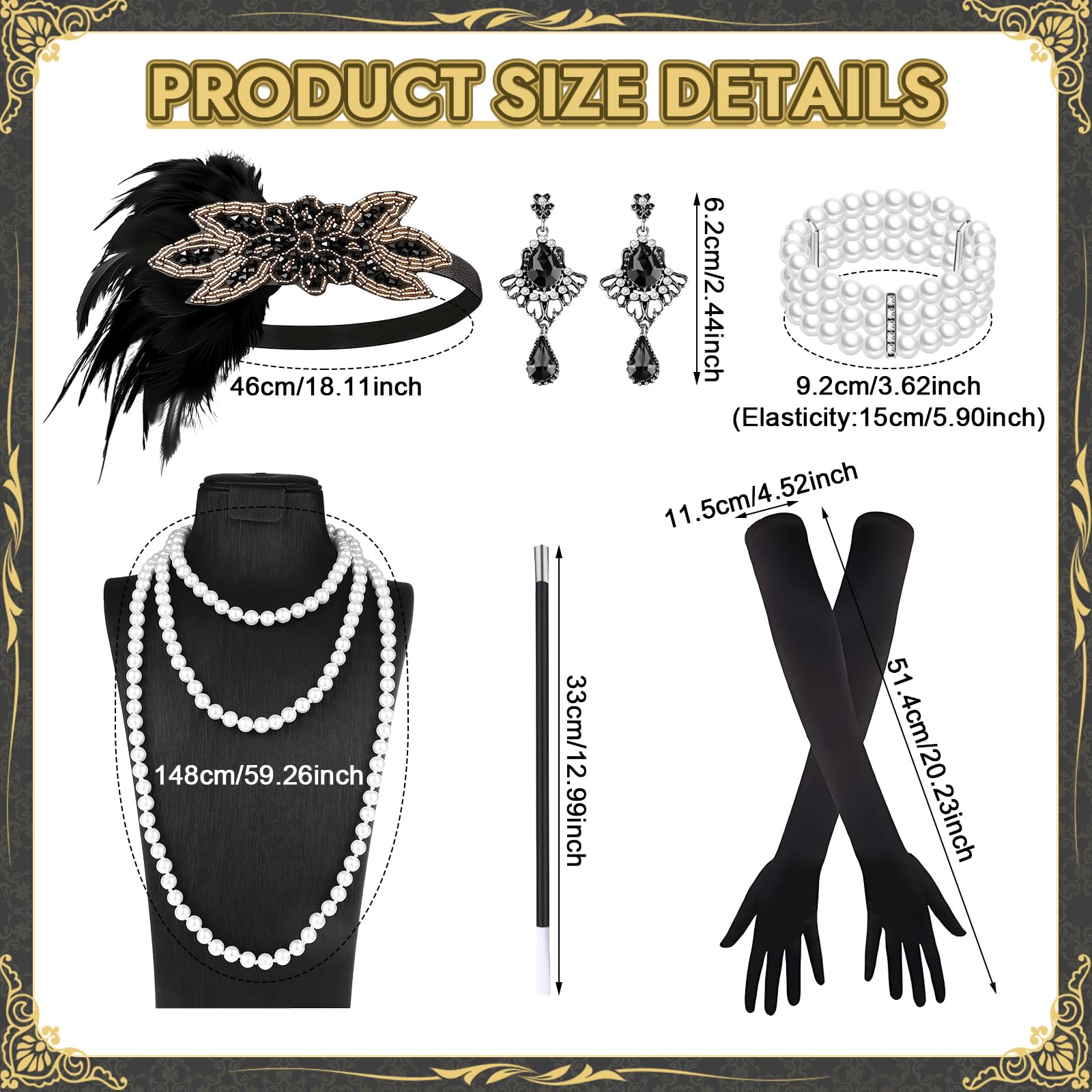 Jokureao 8PCS 1920s Accessories for Women Flapper Accessories with Gatsby hairband Long Black Gloves Pearl Necklace Bracelet Earrings and Handheld Prop Roaring 20s Fancy Dress Accessory Adult - Image 2