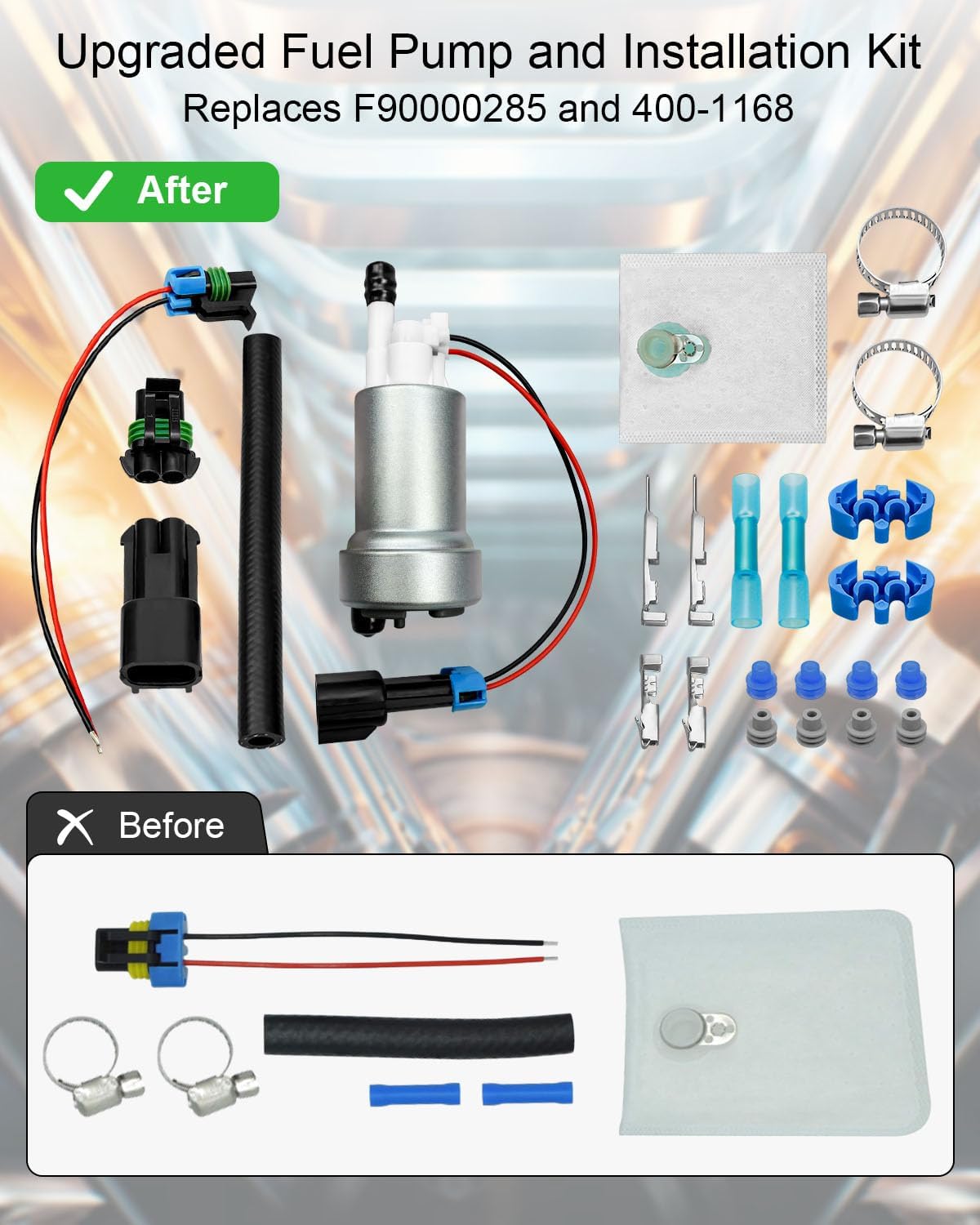 525LPH F90000285 High Pressure Fuel Pump with 400-1168 Install Kit, Universal E85 Intank Fuel Pump
