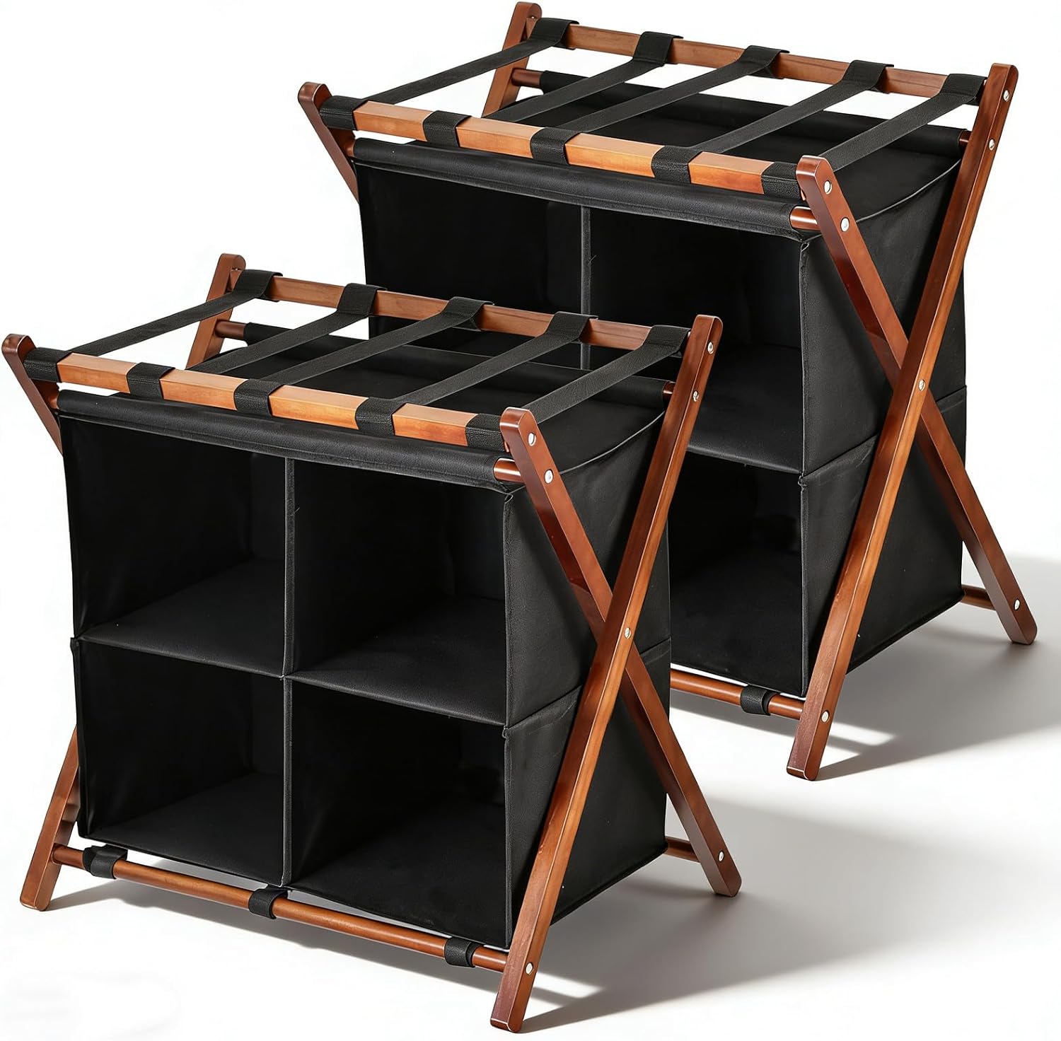 Luggage Rack 2 Pack with Storage – Foldable Suitcase Stand with 4 Compartments, Premium Wood Luggage Stand for Guest Room, 150 lbs Capacity, Space-Saving & Easy Assembly