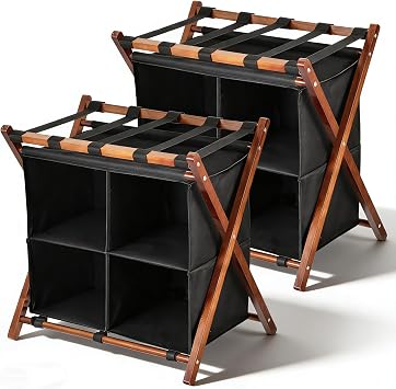 Luggage Rack 2 Pack with Storage Foldable Suitcase Stand with 4 Compartments, Premium Wood Luggage Stand for Guest Room, 150 lbs Capacity, Space-Saving & Easy Assembly