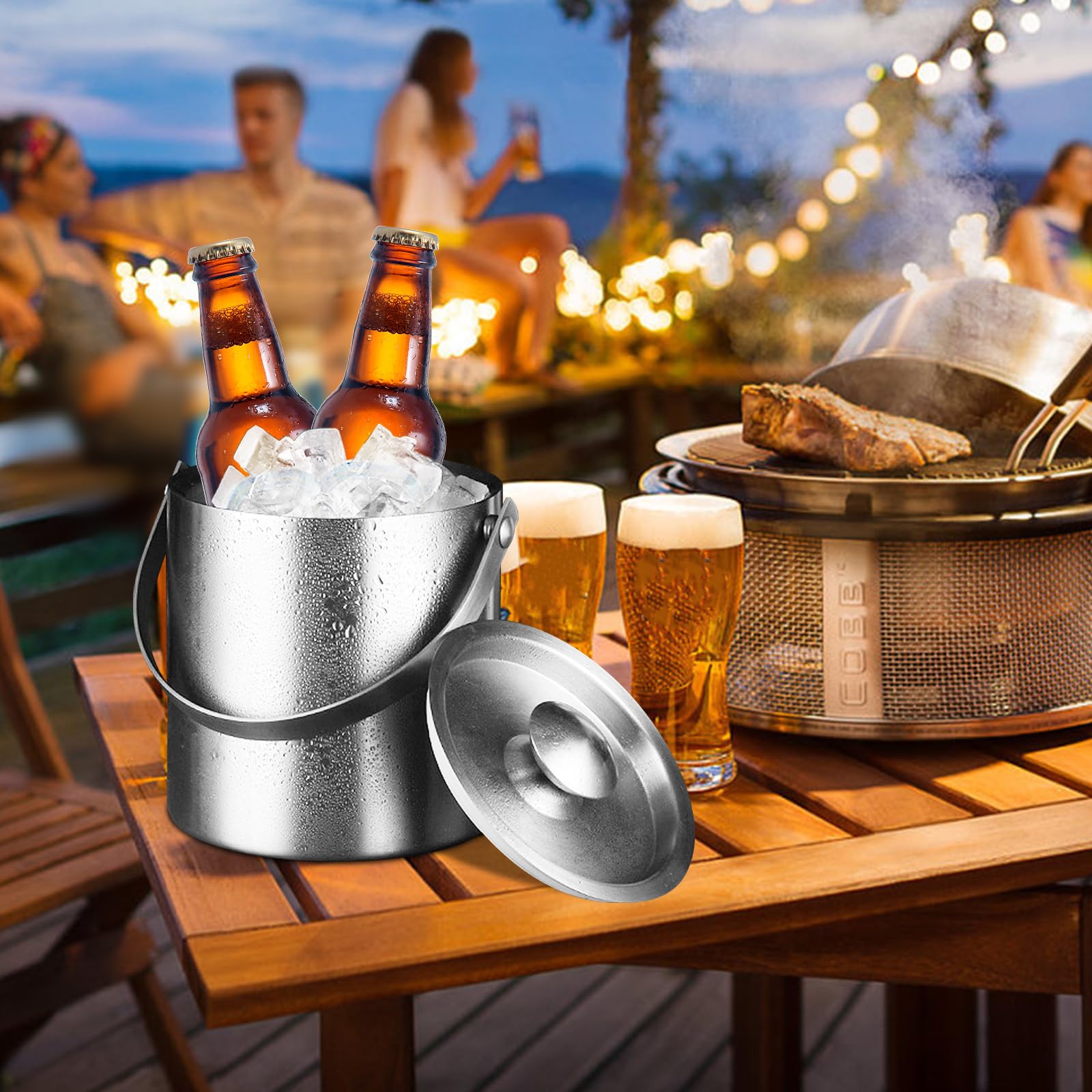 Seau à glaçons Isotherme 3L, Seau a glacon Isotherme en Acier Inoxydable Double paroi, Seau à Champagne avec Pince et Pelle, Seau glacon pour Bar fête Maison