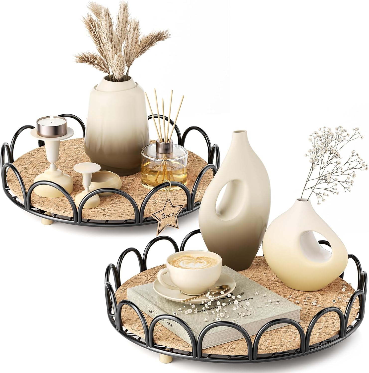 Qcold Decorative Serving Tray, 2 Pack Round Decorative