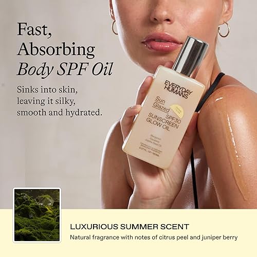 Miniatura 4 de Everyday Humans Sun Glazed SPF 30 - Aceite hidratante con brillo corporal con mica dorada brillante  Ligero, no graso con escualano, aceite de