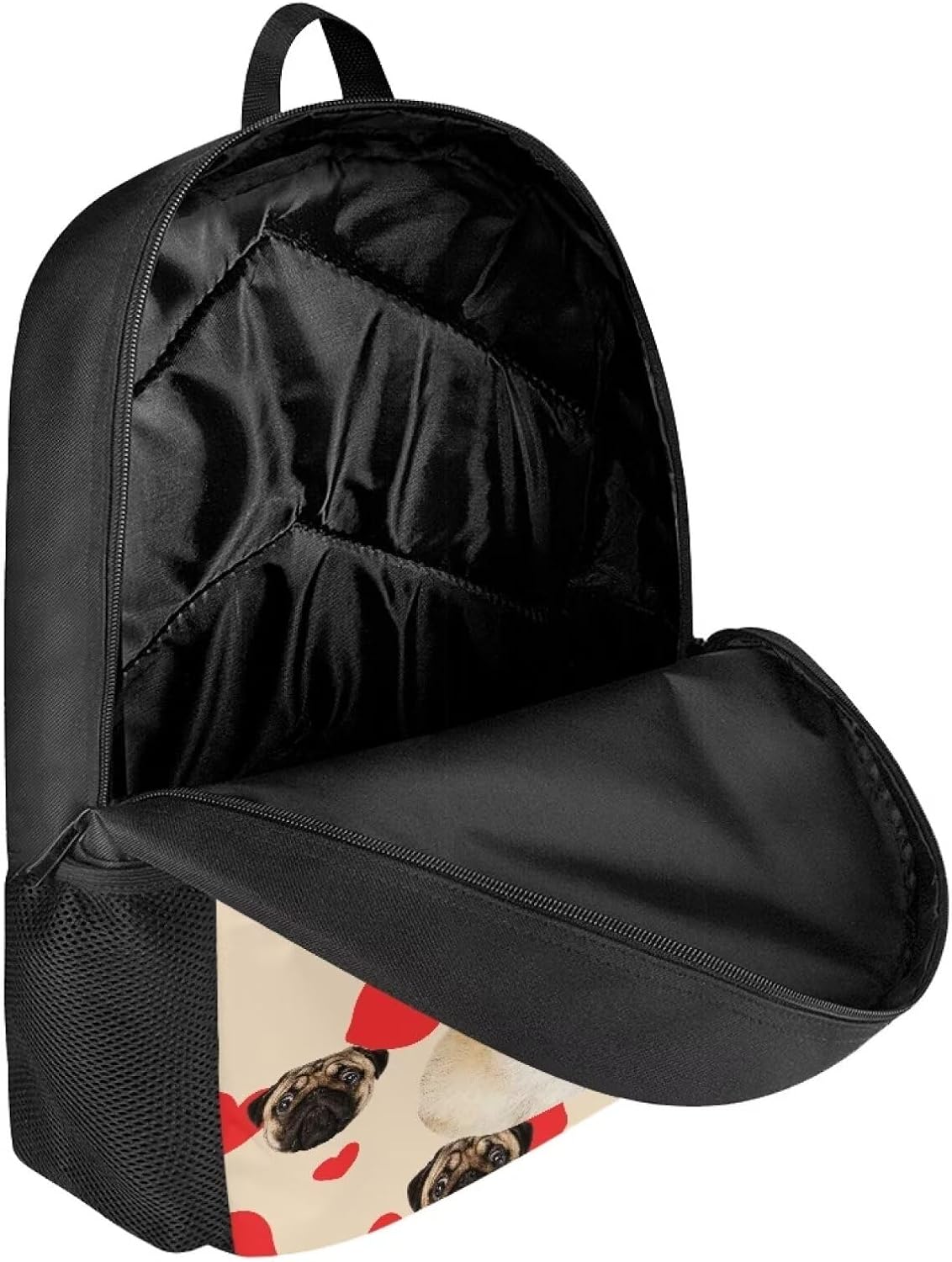 Kids Lightweight Comfy Padded 17 Inch Backpack Boys Large Capacity Personalized Cute Hearts Pug Dog Print School Backpack for Girls Sturdy Durable Student Bookbag with Side Pocket Boys Casual Daypack