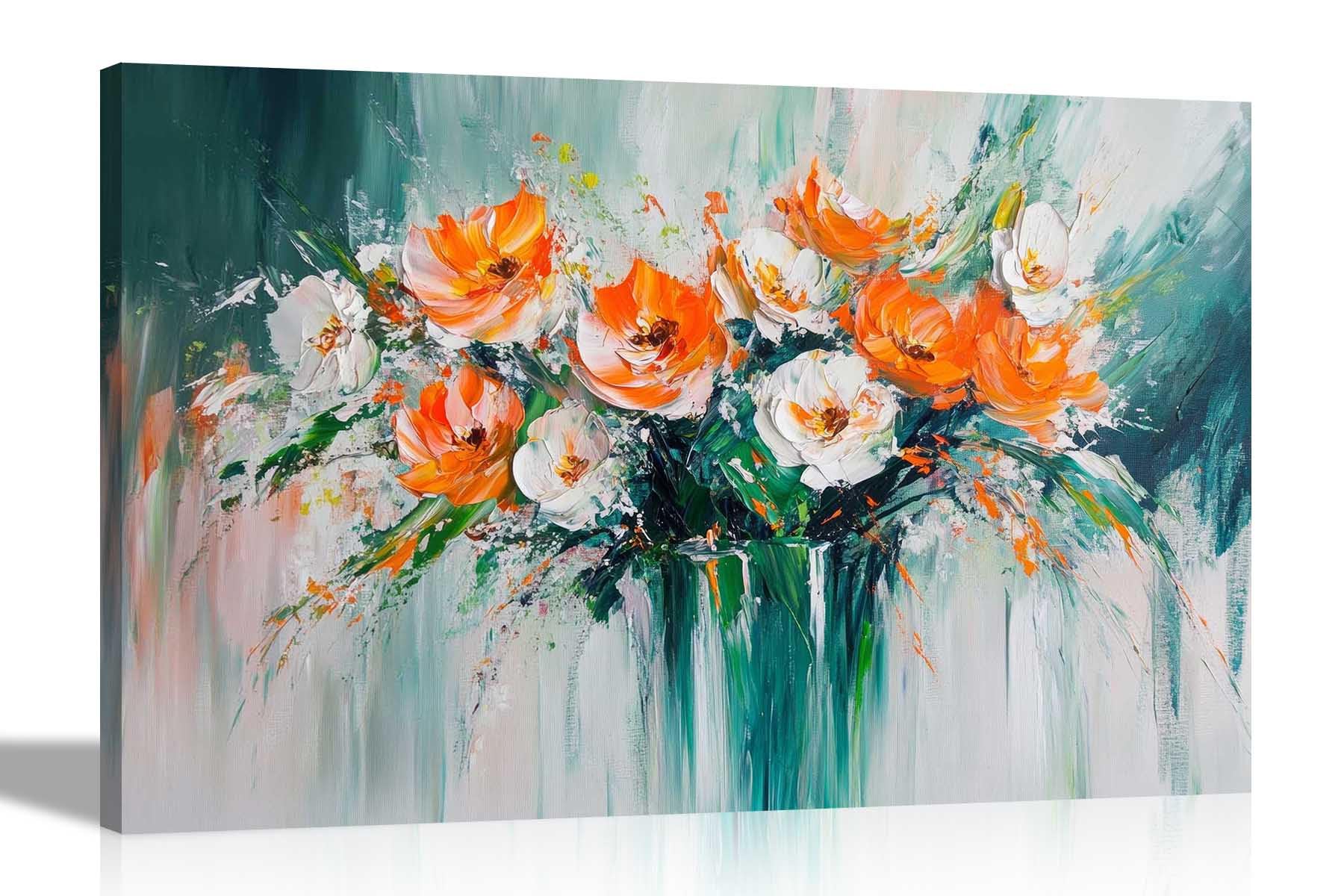 Artley Prints Orange White Flowers Vase - Abstract Orange White Flowers In Vase Canvas Wall Art Pictures For Living Room Hallway Bedroom Prints Décor Extra Large 101 X 76Cm (40 X 30 Inches)