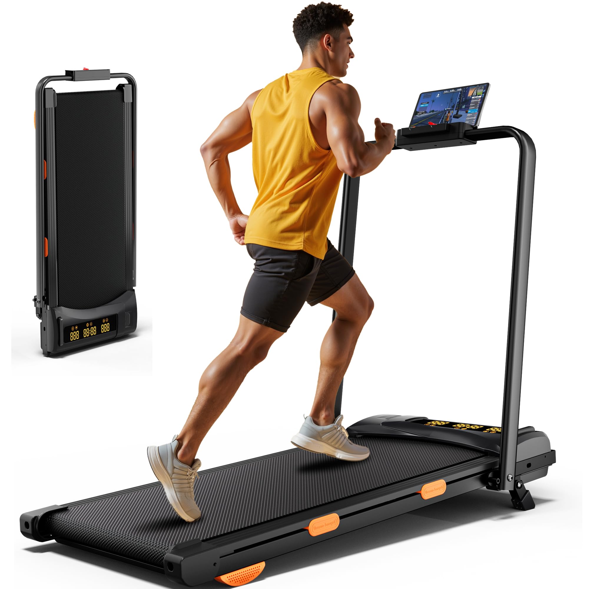 3.5HP Incline Walking Pad Treadmill with Folding Slope Foot & Handrail, Full Screen Display Treadmill for Home, Small Spaces, Double Deck Small Treadmills 300 lb Capacity