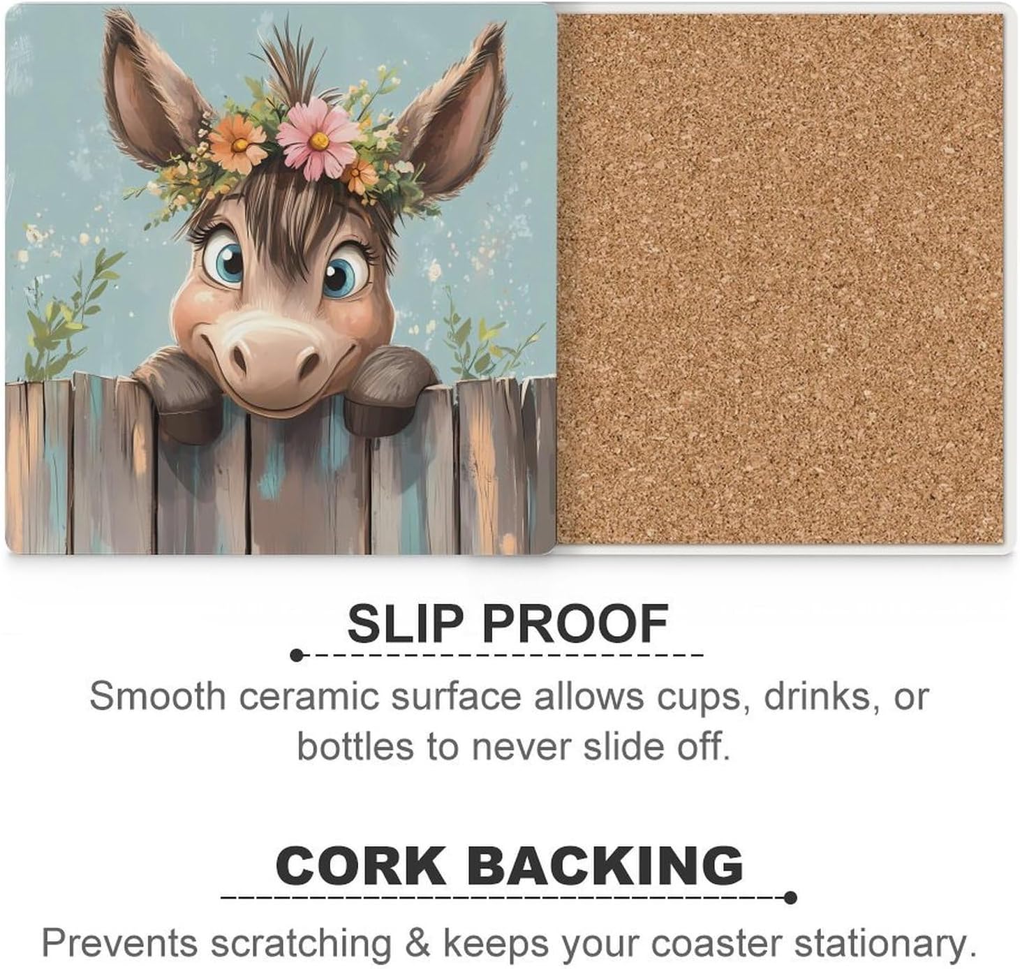 Farmhouse Donkey Floral Ceramic Coasters Set Square Drink Coasters Table Coaster for Kitchen Desktop Decor