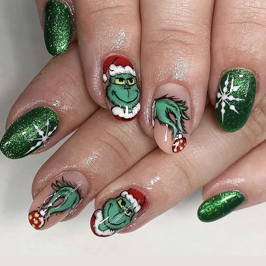 Christmas Press on Nails Short Almond Fake Nails Green Glitter Glue on Nails with Cartoon Green Haired Monster Snowflake Designs Acrylic Nails Winter Xmas False Nails for Women Girls Holiday Manicure