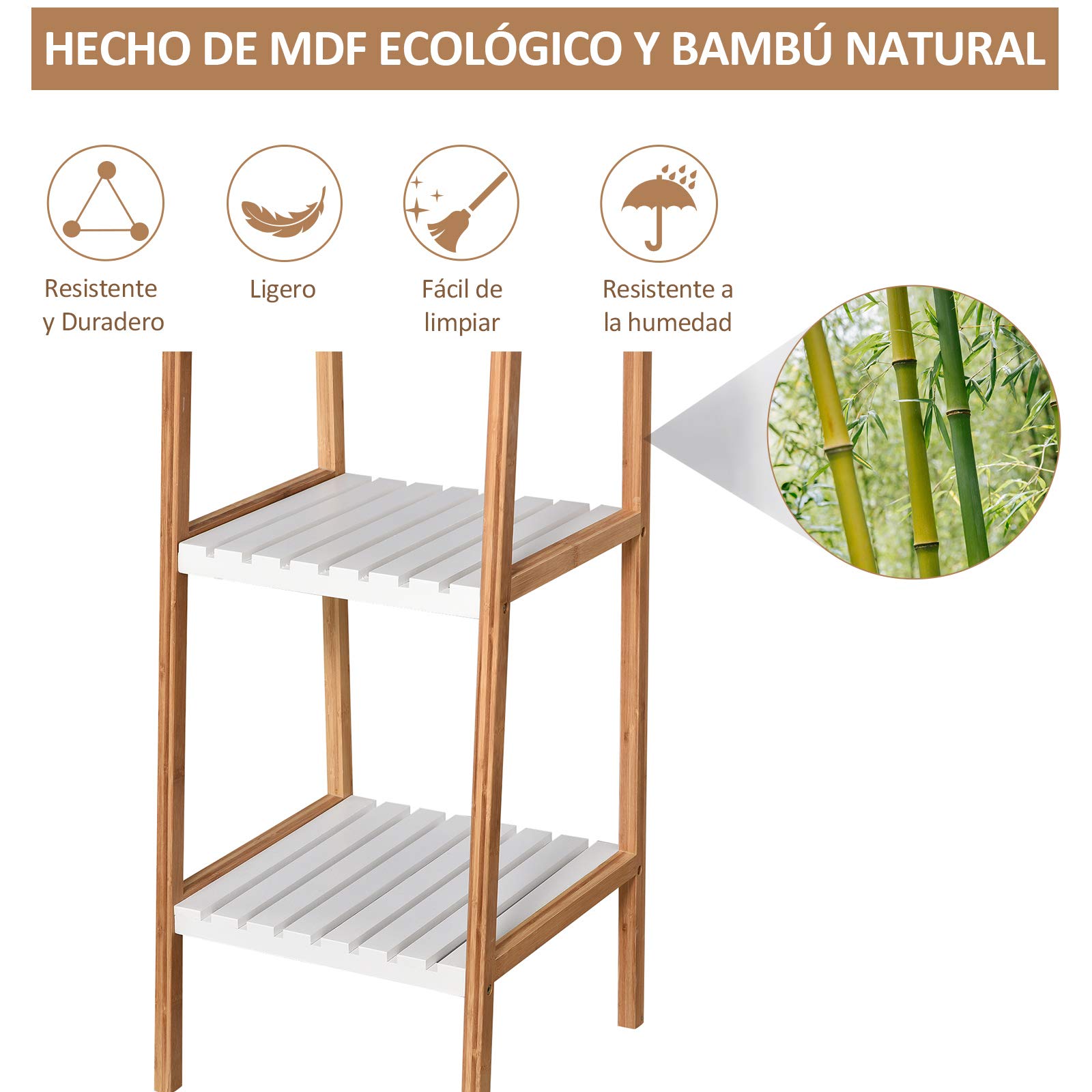 kleankin Estantería Escalera 4 Niveles 35x36x138,5 cm Blanco y Natural