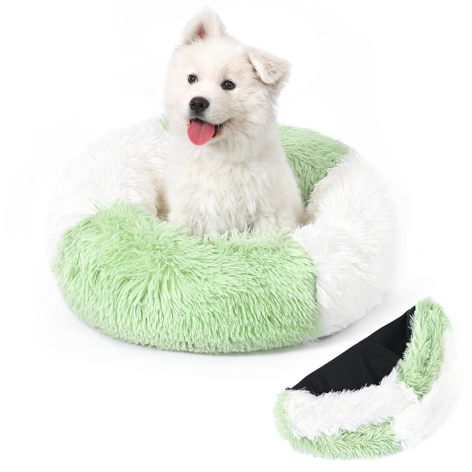 COMSLE Cama Perro Redonda, Felpa Cama Gato de Donut con Parte Antideslizante, Extraíble y Lavable Cama Antiestres Perro, Cama para Mascotas Gatos y Perros Medianos Pequeños, Blanco Verde, 60cm