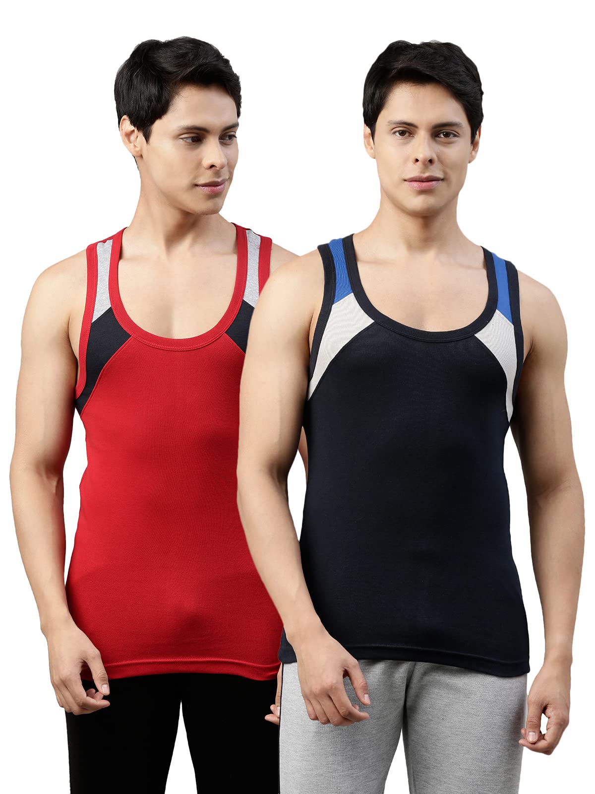 Originals Men's Cut & Sew Color Block On Shoulder Durable & Comfortable Squared Neck Sleeveless Regular Fit Tank Fit 100% Combed Cotton Gym Vest Innerwear (Pack of 2)-image-3