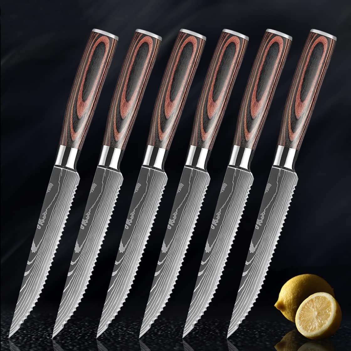 Steak Knife Set, 6PCS Steak Knife Set Damascus Pattern Stainless Steel Serrated Knife Beef Cleaver Multipurpose Restaurant Cutlery Table Knife