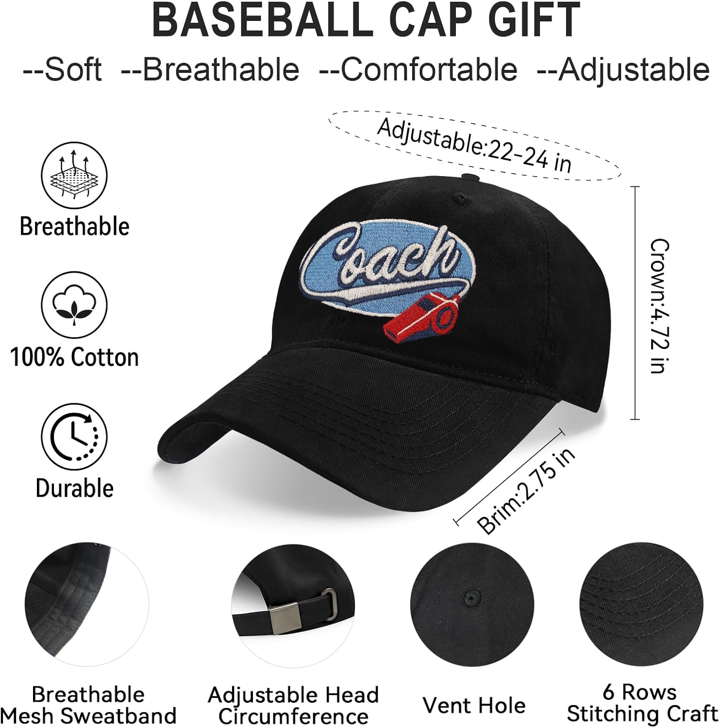 Coach Hat for Men, Football Coach Gifts, Funny Adjustable Embroidered Baseball Cap Black - Image 2