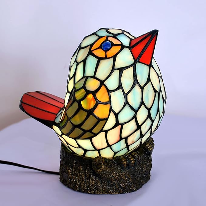 errzom Tiffany Style Nightstand Table Lamp Cute Bird Blue Green Stained Glass Shade Reading Lamp Bedroom Bedside Kids Room Decoration Lamp photo 2