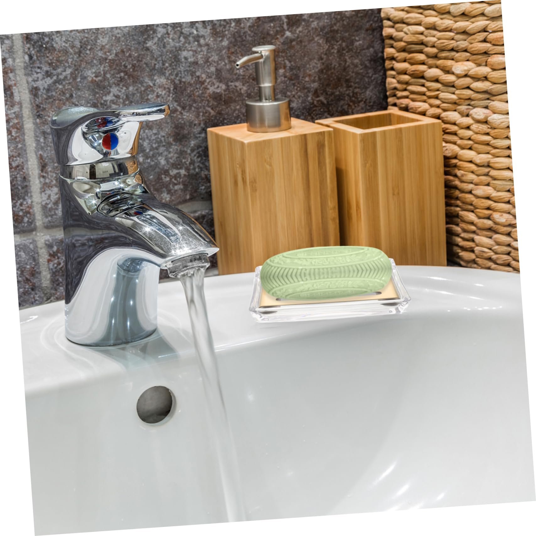 Jabonera de Vidrio Transparente Drenaje Automático Doble Capa, y Bandeja de Acero Inoxidable, Forma Rectangular para Baño y Encimera