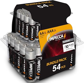 IMPECCA AA and AAA Batteries Combo 54-Count High Performance All Purpose Alkaline Batteries, Maximum Power 10-Year Shelf Life Long Lasting Batteries 1.5 Volt LR3/LR6, 30-AA + 24-AAA = 54 Pack