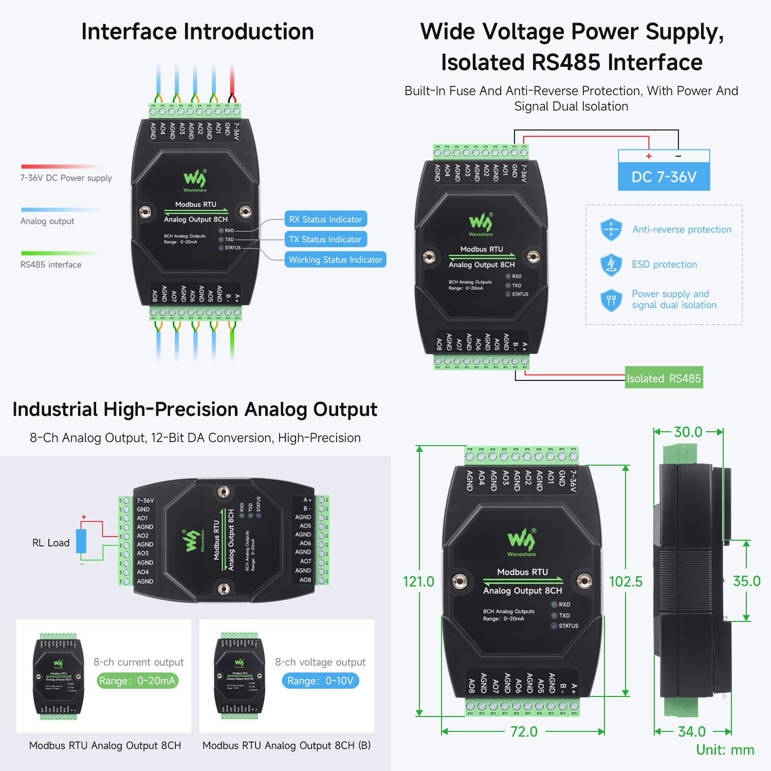 Waveshare Industrial 8-Ch Analog Output Module, 12-Bit DA Conversion, Supports 8-Ch Simultaneous Current Output, DC 7~36V Wide Voltage Power Supply, Modbus RTU Protocol, Rail-Mount Support