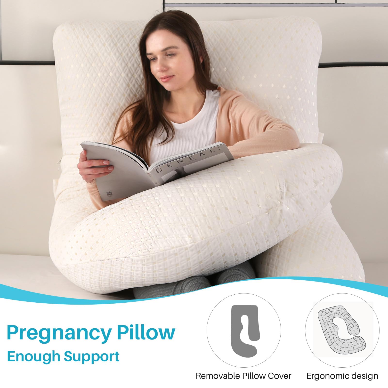 GKXLH Almohada suave de embarazo, almohada de maternidad de cuerpo completo en forma de J para mujeres embarazadas con funda de poliéster, 71 x 145 cm, blanca, lisa, lavable