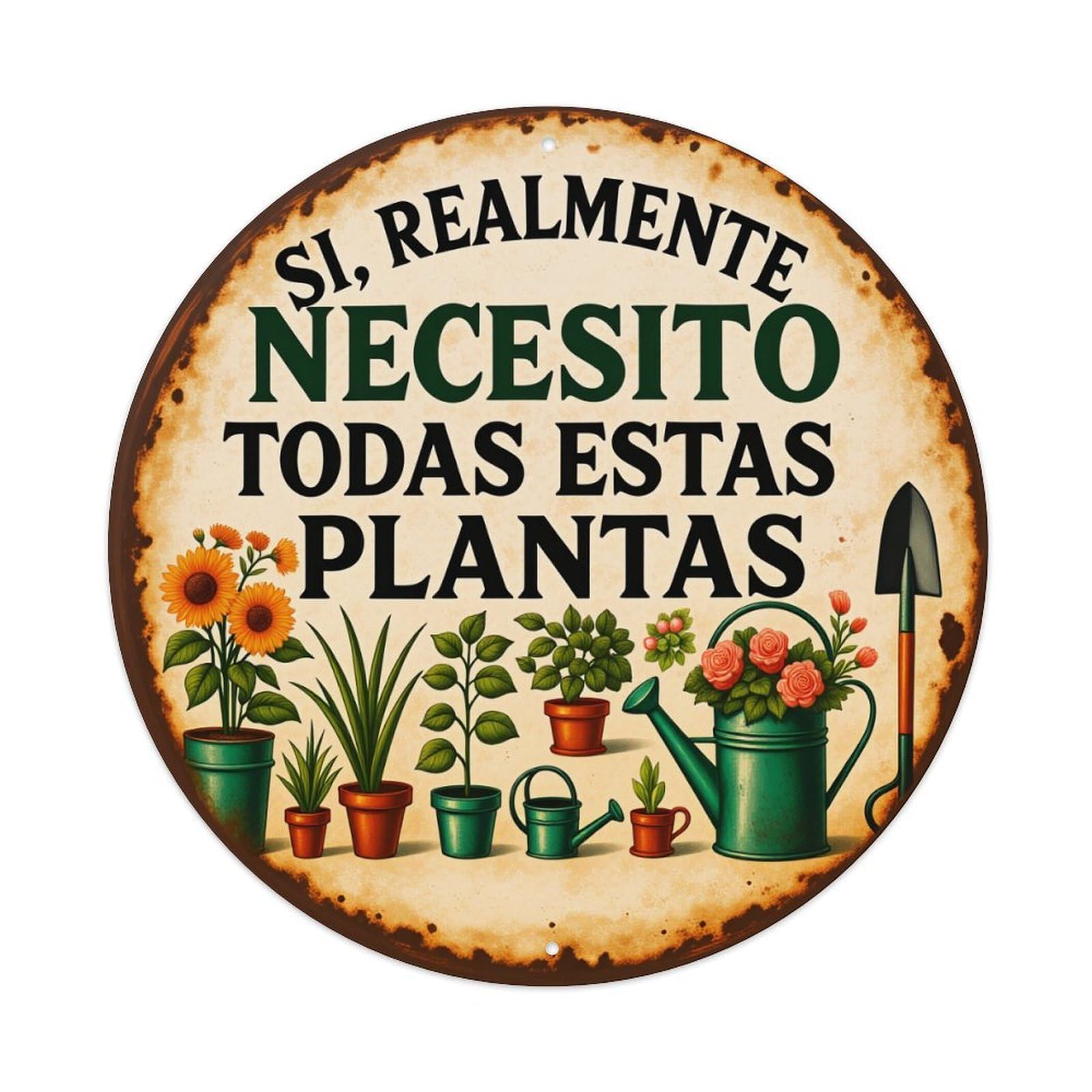 Garden Tools And Plants Pattern_1 Round Tin Sign Vintage Metal Poster, Home Bar Garage Man Cave Cafe Indoor & Outdoor Wall Decoration 8x8Inches