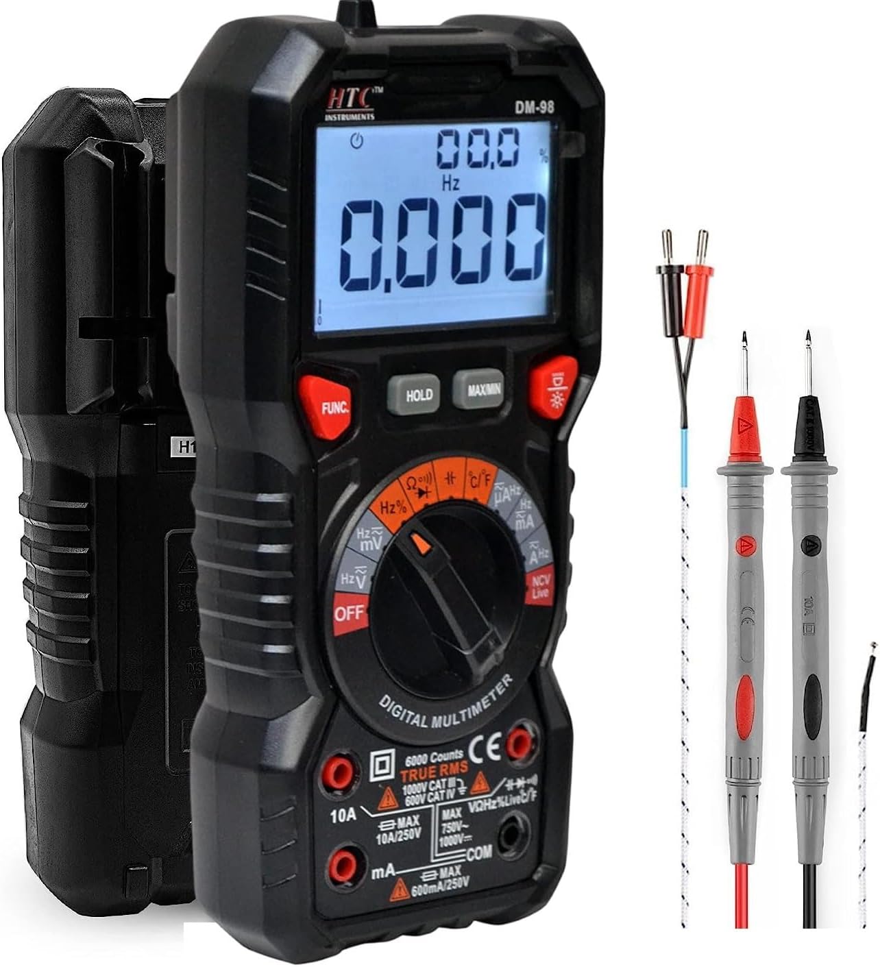 HTC-DM-98 Digital Multimeter TRMS 6000 Counts Ohmmeter Auto-Ranging Fast Accurately Measures Voltage Current Amp Resistance Diodes Continuity Duty-Cycle Capacitance Temperature (Battrey Included)