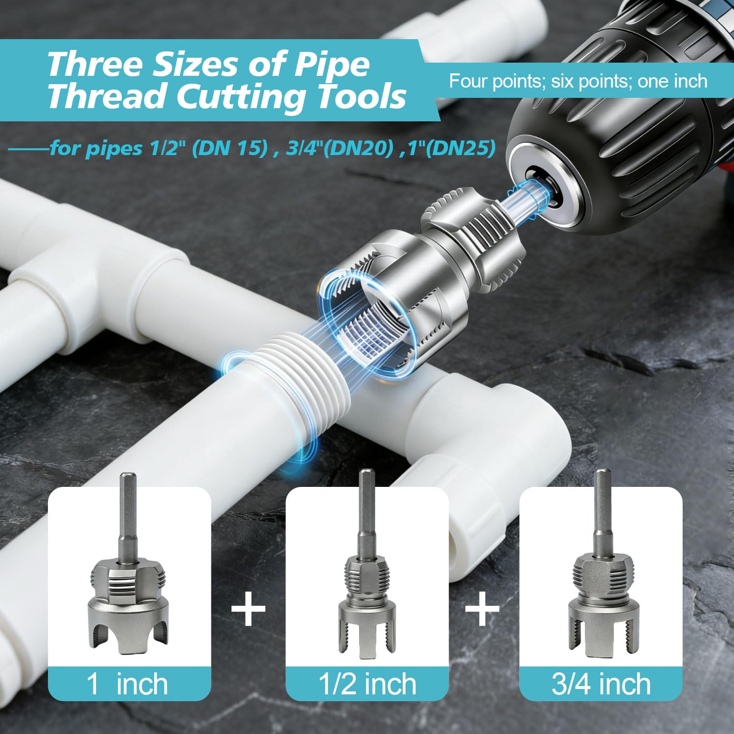 Kit de 3 Fileteuses PVC 1/2", 3/4", 1" -Outil pour Fileter les Tuyaux Intégré, Kit de Taraudage PVC 2-en-1, pour Tuyaux Plastique PPR/PVC/MPP -Installation et Réparations Domestiques