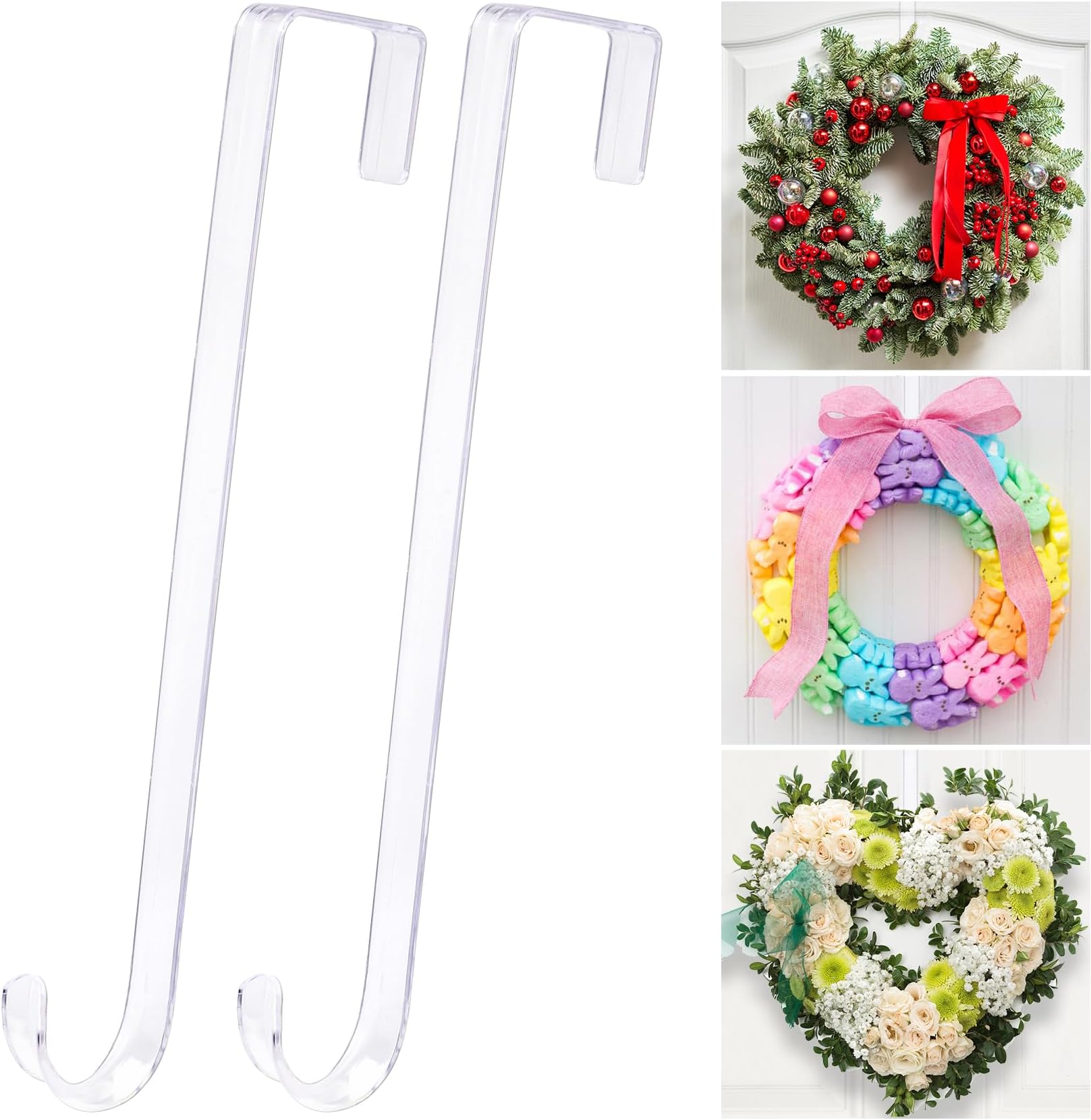 ZYSUN 12" Clear Wreath Hangers, Non Scratch Over The Door Hooks, 2 Pack Wreath Hanger Organizer for Home, Slim Hangers for Decor