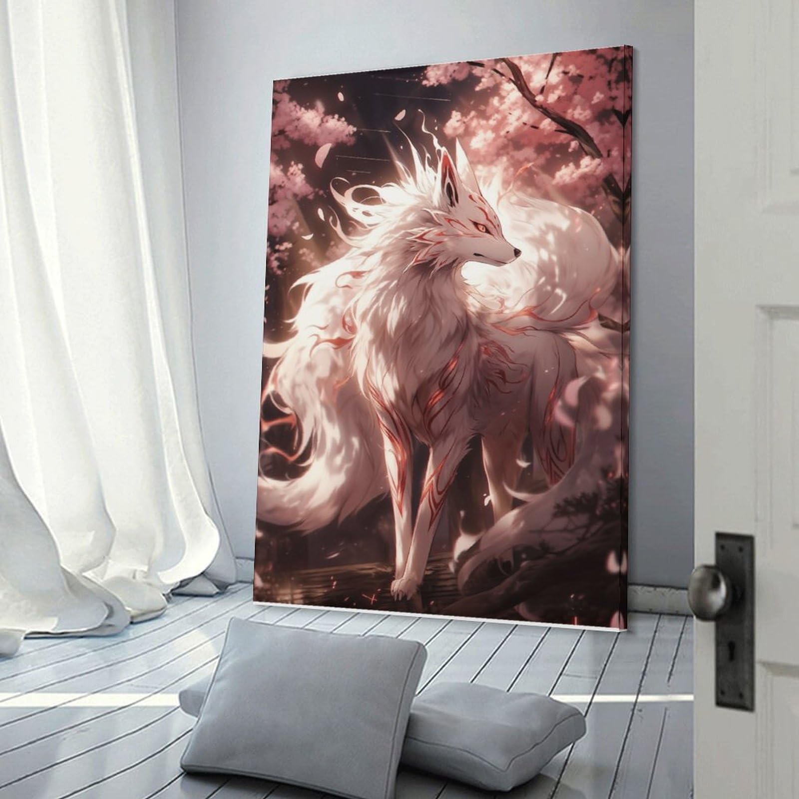 Junmoney Frame-Style-21 Fox Spirit In Cherry Blossom Forest Hanging Wall Art, 24X36inch(60X90cm), For Bedroom Decor, Cosy Corners Or Studios, An Easy Wall Refresh For Bedrooms