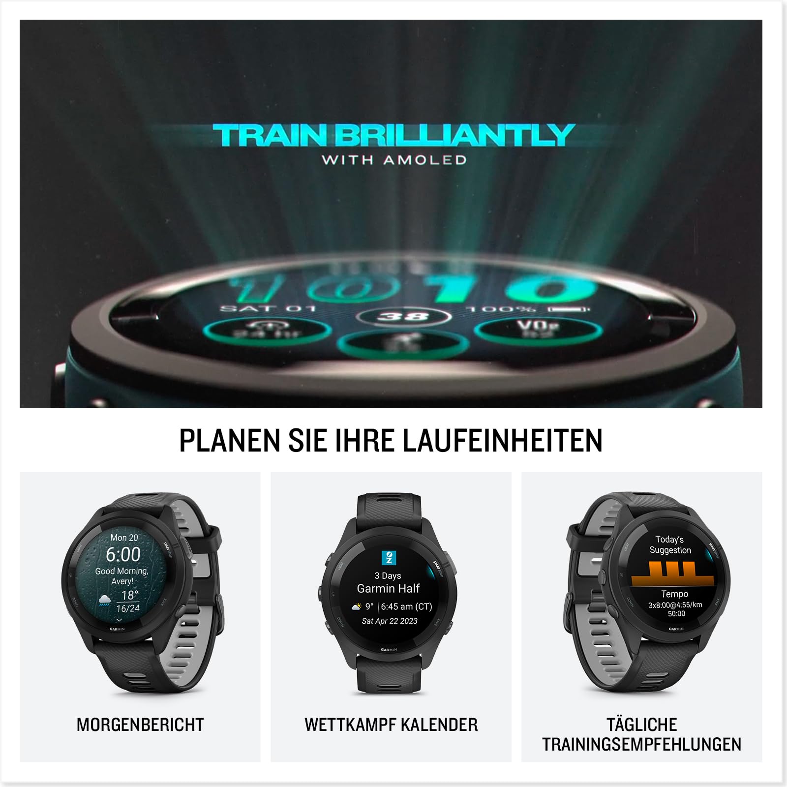 Garmin Forerunner 265 46mm - Laufuhr, 1,3" AMOLED-Display, 13 Tage Akkulaufzeit, 30+ Sport-Apps, Trainingsanalyse, spezielle Lauffunktionen, Trainingsbereitschaft, erweiterte Schlaffunktionen, Musik