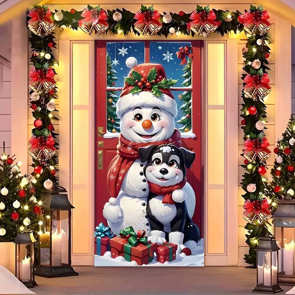 Christmas Door Cover with Elastic,35'' x 79'' Stretchy Cloth Front Door Cover Decoration Christmas Party Banner Supplies for Home, Office, Indoor & Outdoor Use (style-C, 90 * 200 cm)