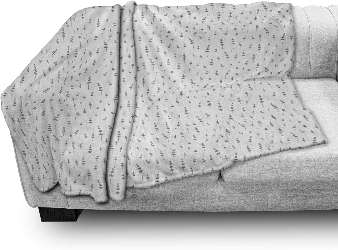 Lunarable Lavender Throw Blanket, Sprigs of Lavender on a Plain Background Summer Time Botany Elements, Flannel Fleece Accent Piece Soft Couch Cover for Adults, 50" x 70", Lavender and Fern Green
