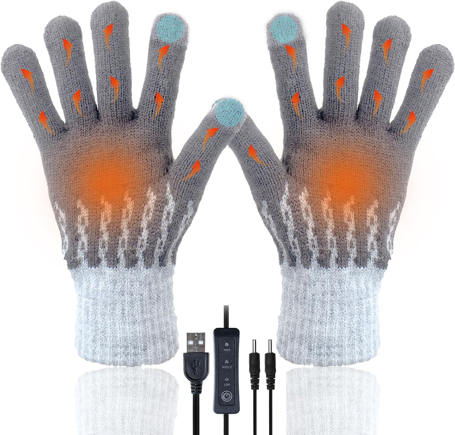 USB Heated Gloves for Men Women, Winter Hands Warm Glove Full Hands Touchscreen Laptop Gloves Knitting Heating Mittens, Adjustable and Washable Thermal Glove for Indoor Outdoor Room (Grey)