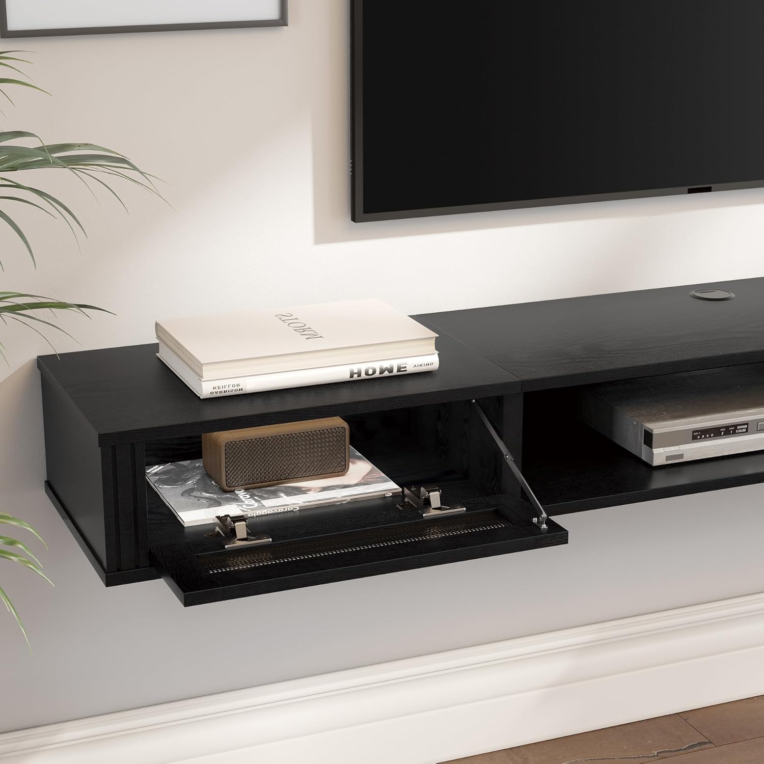 WAMPAT 70" Floating TV Stand with Power Outlet, Wood Media Console Entertainment Center with 2 Rattan Doors, Modern Wall Mounted TV Shelf Cabinet for Under TV, 1 Tier Black