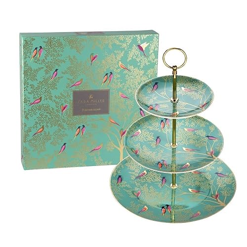 Portmeirion Sara Miller London Chelsea 3 Tier Cake Stand | Green Tiered Dessert Stand for Serving Pastries, Cupcakes, and More | Made from Fine China with Gold Detail | Handwash Only