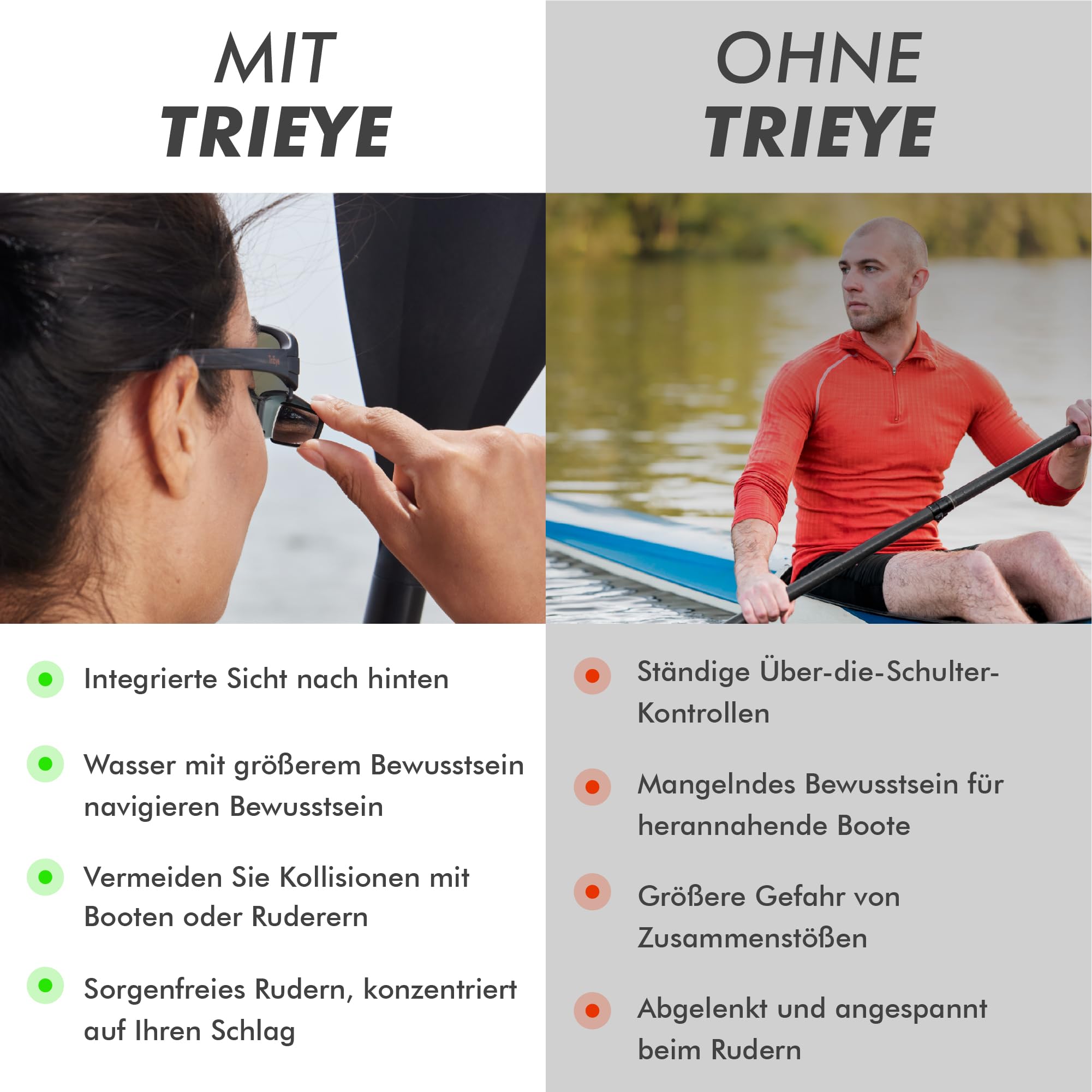 TriEye View Sport Sonnenbrille Herren Damen – Fahrradbrille polarisiert mit Dual-Lens Rückspiegel, UV400 Schutz, Leichtgewicht TR90 Rahmen, kratzfeste Gläser fürs Rudern & Radfahren
