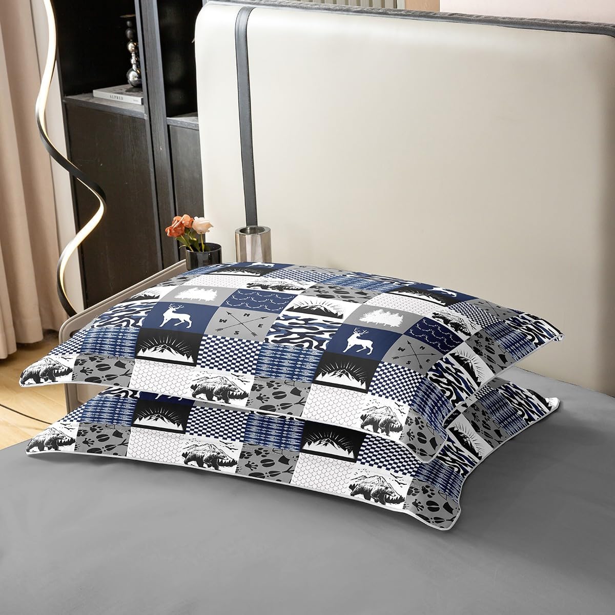 Rustic Farmhouse 100% Cotton Duvet Cover Queen, Retro Woodland Moose Comforter Cover, Country Bear Deer Patchwork Bedding Set, Hunting Wild Animal Plaid Adventure Quilt Cover for Bedroom, Blue Grey