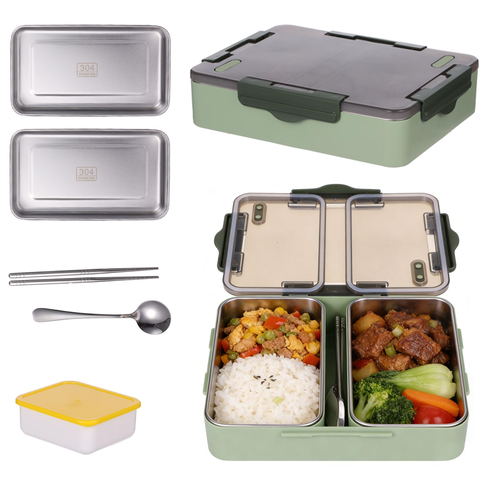 Boîte bento 1000 ml, boîte repas étanche avec 2 compartiments en acier inoxydable, récipient micro-ondable avec cuillère, baguettes, petit bol en plastique pour travail, pique-nique, meal prep