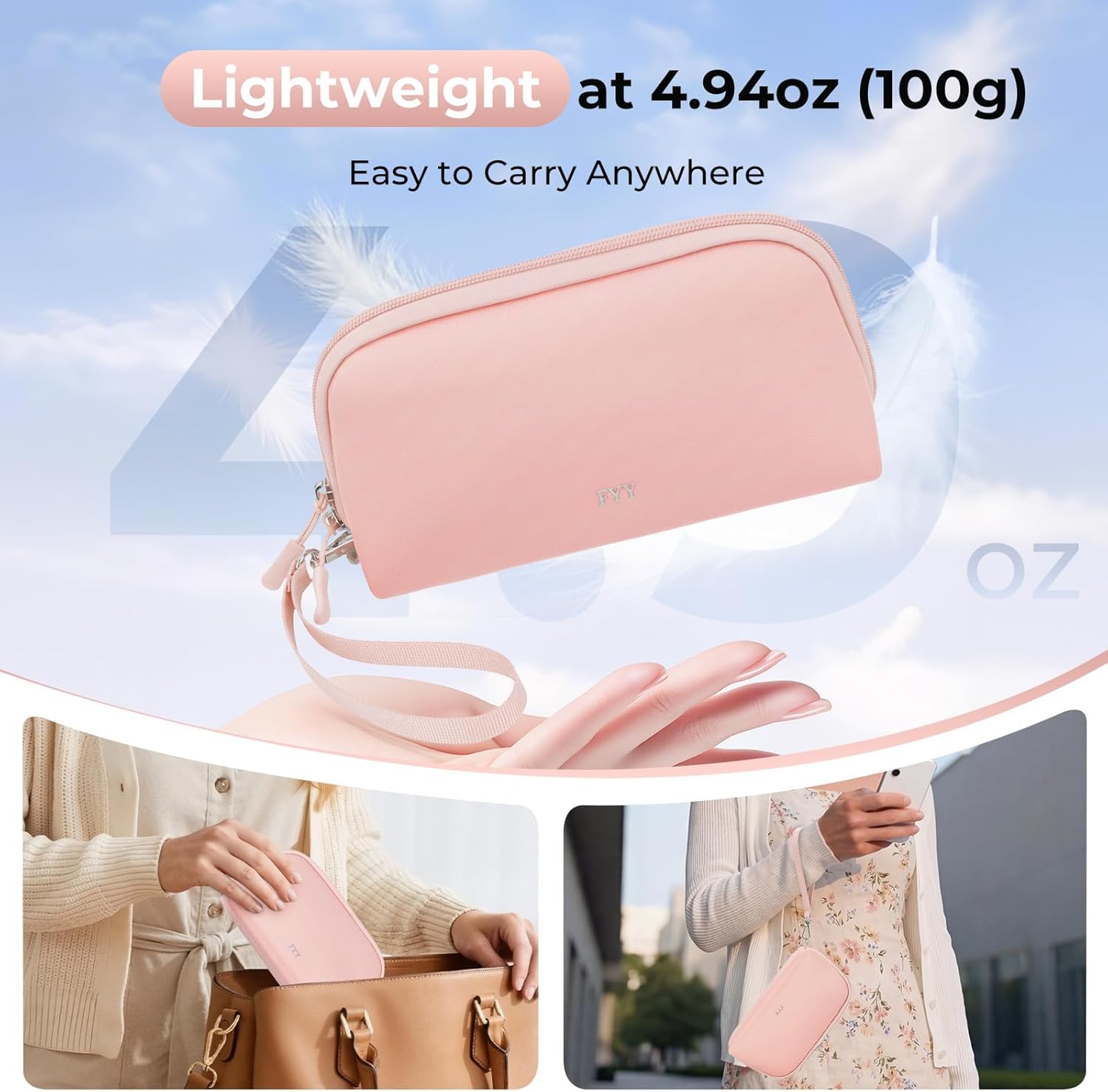 FYY Travel Cable Organizer - 8 Compartments Lightweight Water Resistant Tech Pouch with Wrist Strap, Portable Electronic Accessories Case for Cord Charger Storage for Travel Home Office, Pink (Large)