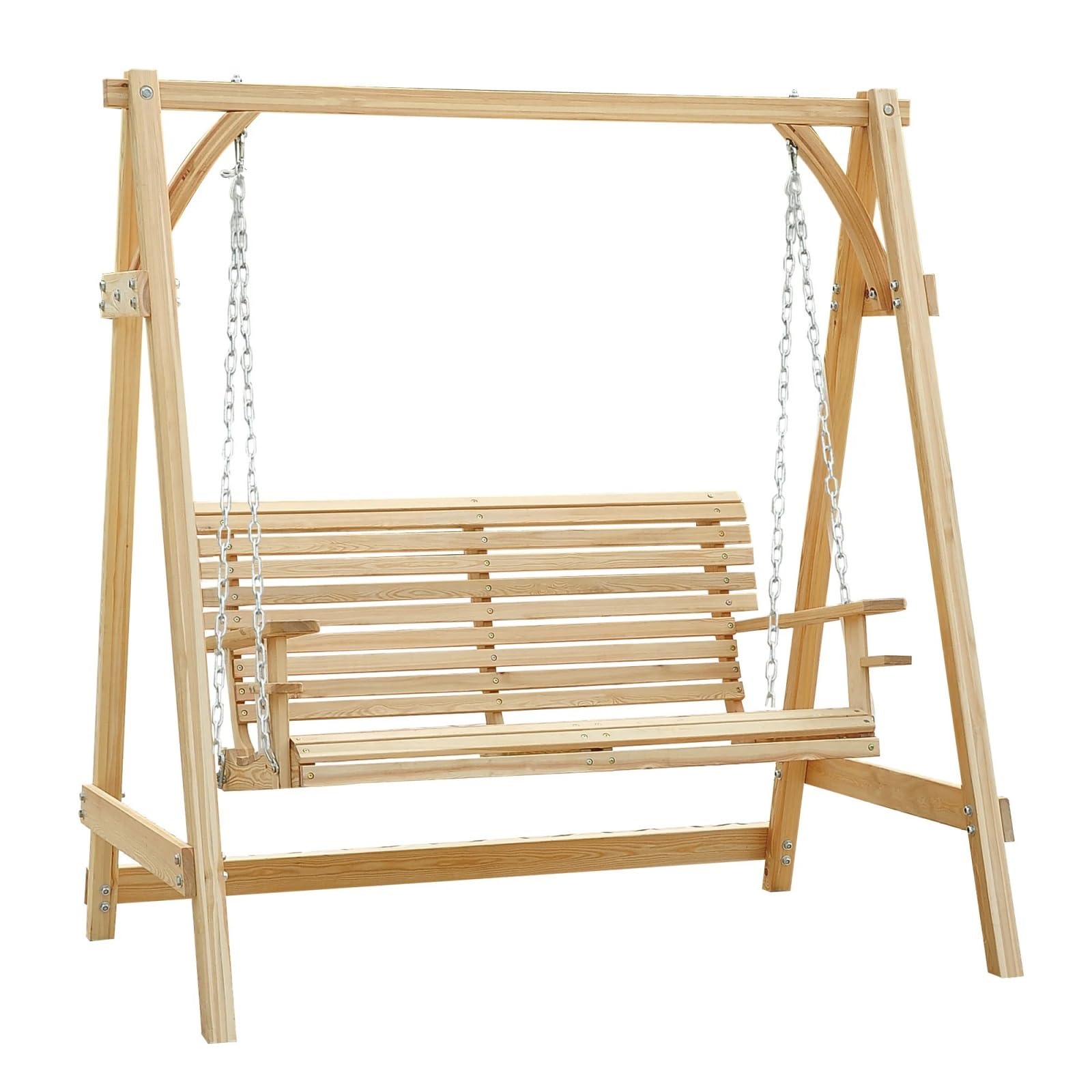 Altalena Legno Sedile da giardino a 2 posti, panca altalena in legno con portabicchieri for portico esterno, naturale