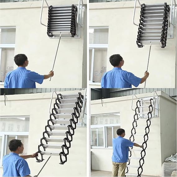 TECHTONGDA Pull Down Attic Ladder, Wall Mounted Folding Loft Ladder with Armrests, Black Folding Stairs, Aluminum Alloy Retractable Attic Loft Stairs, Frame Size 27.6 x 27.6 in, Vertical Height 3 m