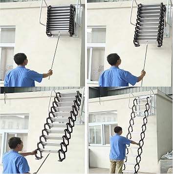 TECHTONGDA Pull Down Attic Ladder, Wall Mounted Folding Loft Ladder with Armrests, Black Folding Stairs, Aluminum Alloy Retractable Attic Loft Stairs, Frame Size 27.6 x 27.6 in, Vertical Height 3 m